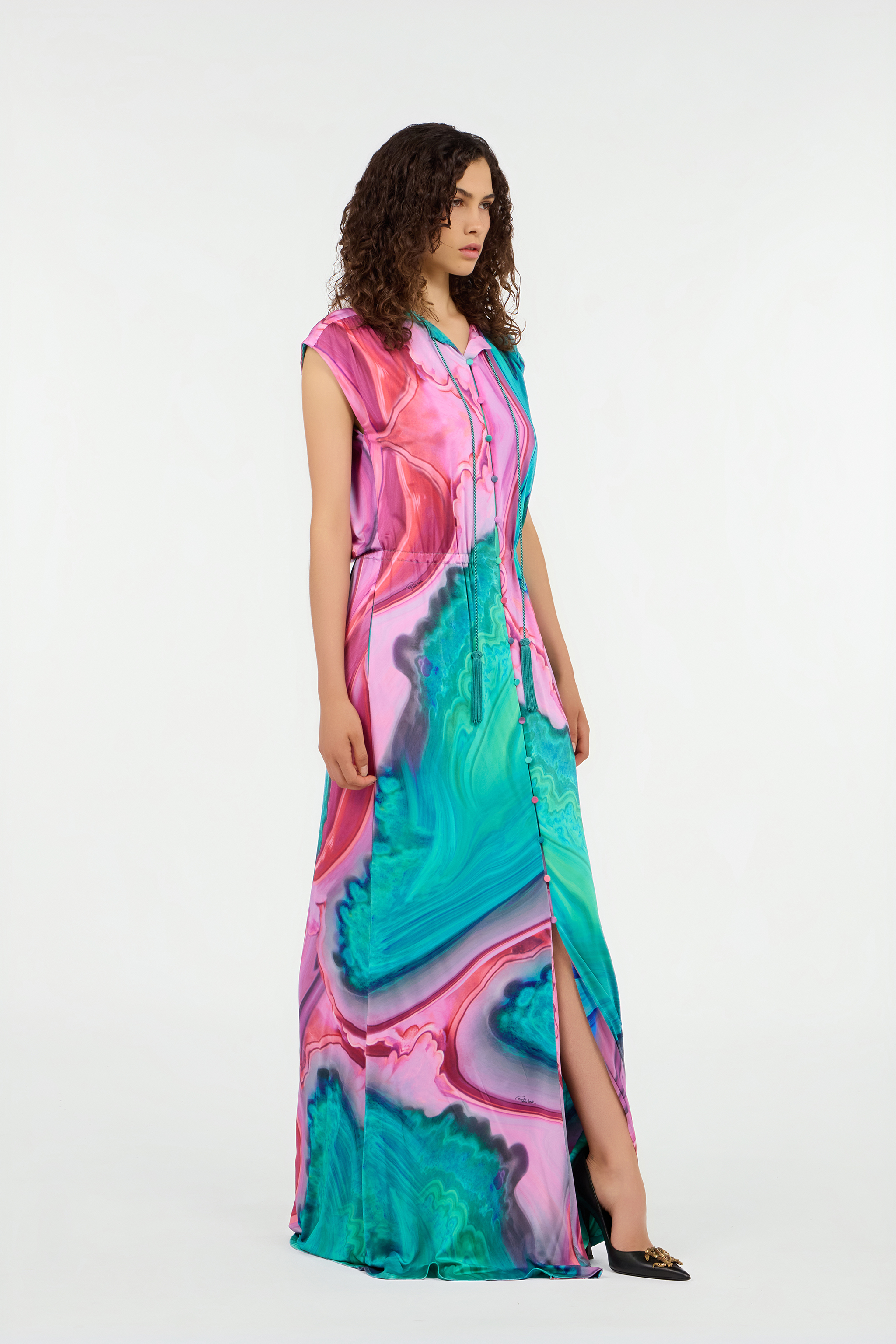 Long dress chemisier with multicolor marbled print