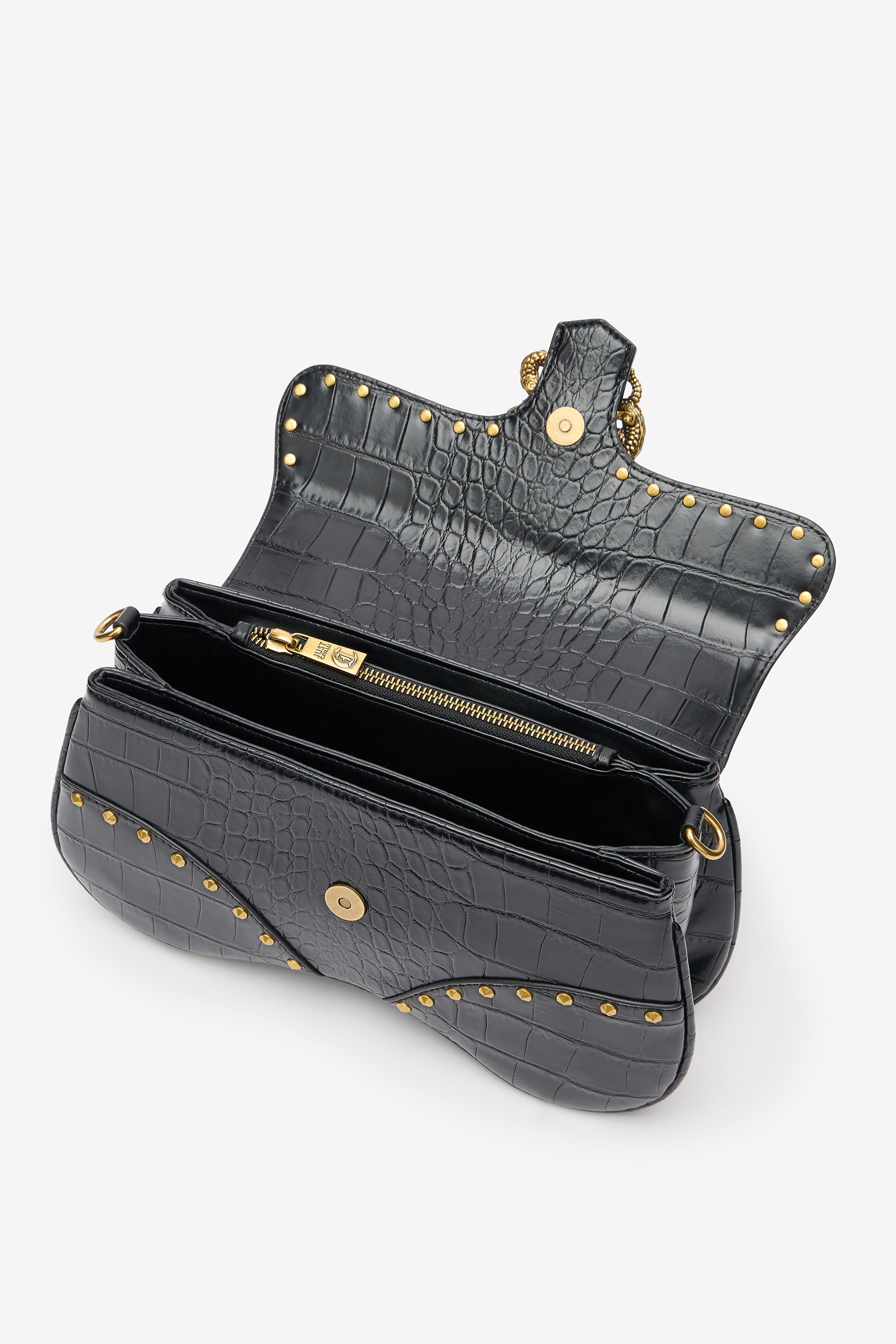 Roberto Cavalli Black Studded Saddle Shoulder Bag With Snake Buckle In Black