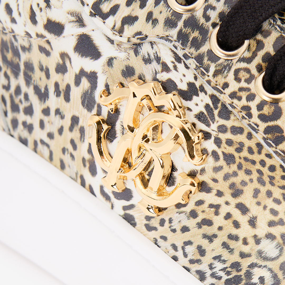 Roberto Cavalli Leopard Print Sneaker With Monogram Rc In Brown