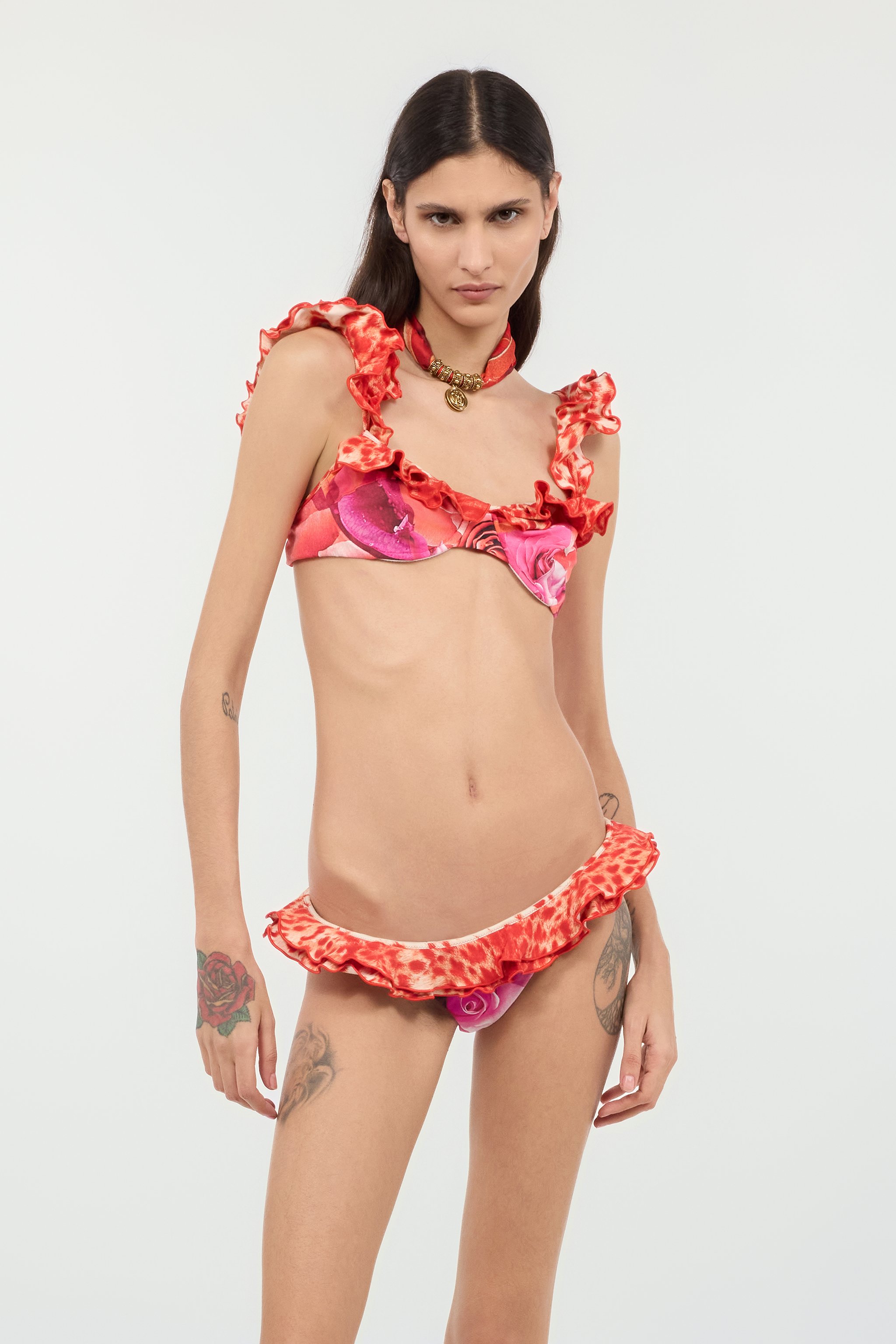 Roberto Cavalli Garden Rose And Cheetah Skin Bikini In Rosa