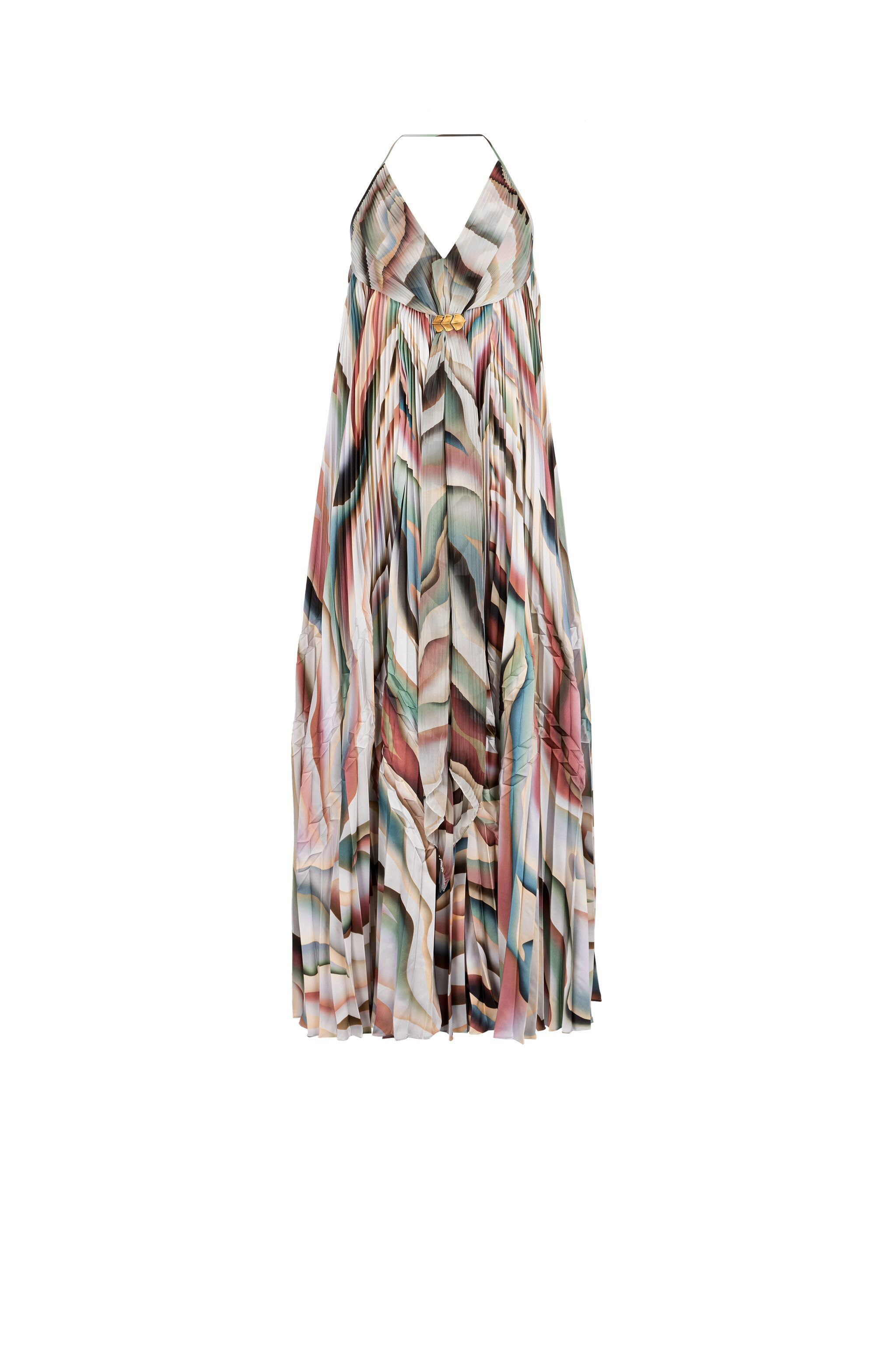 Sistine-Print Silk Halterneck Dress | OYSTER/MINK | Last chance ...